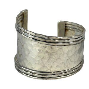 Hammered Silver Tone Metal Cuff Bracelet Asymmetrical Textured Adjustable Fit